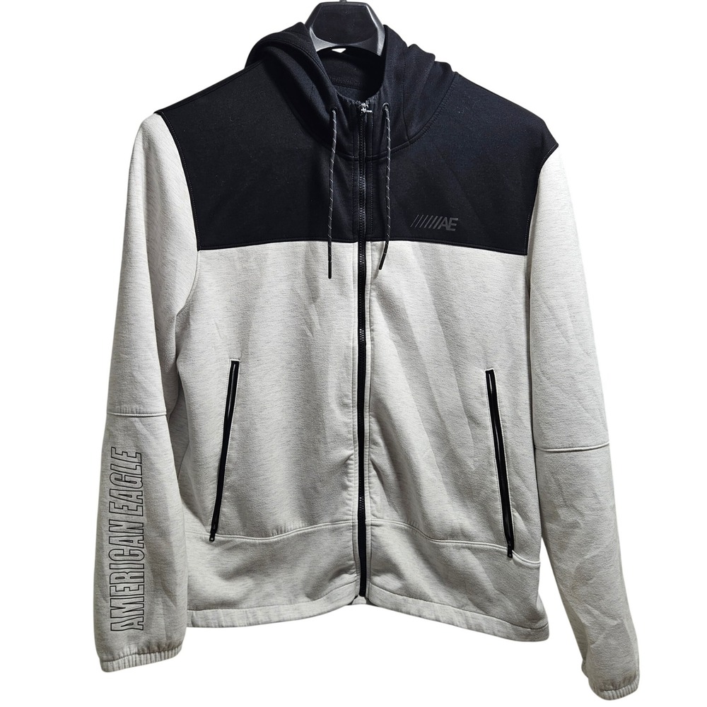 American Eagle Full Zip Hoodie XL Gray Black Colorblock Tech Fleece Graphic